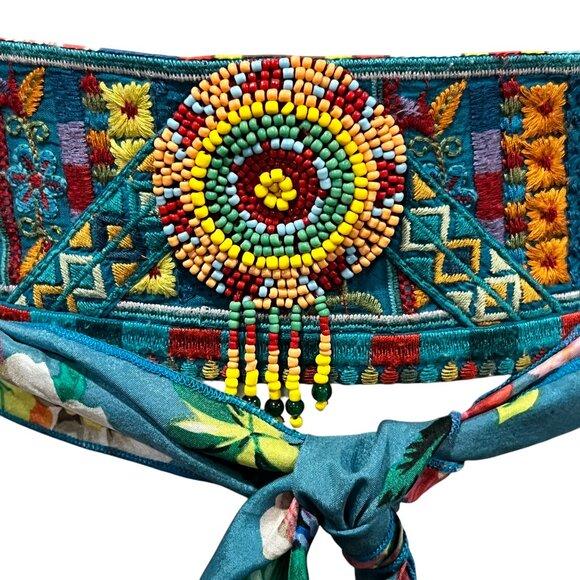 Johnny Was Beaded Obi Belt Fringe Tassels, Turquoise Blue Floral - Picture 7 of 7